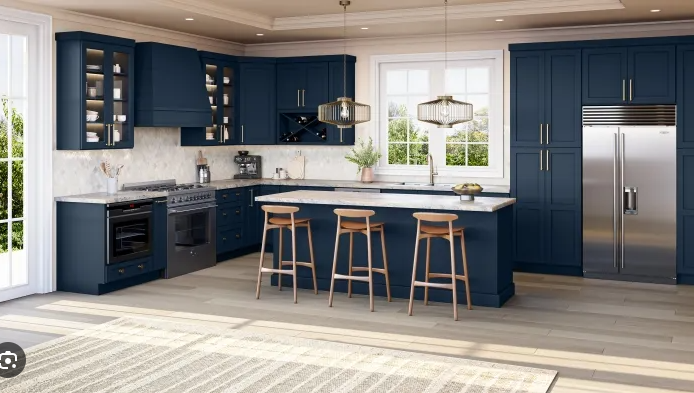 Navy Kitchen Wall Cabinets with Glass Doors
